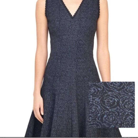 Rebecca Taylor | Blue Black Jacquard Rose Stretch Fit & Flare Work Dress - Picture 5 of 8